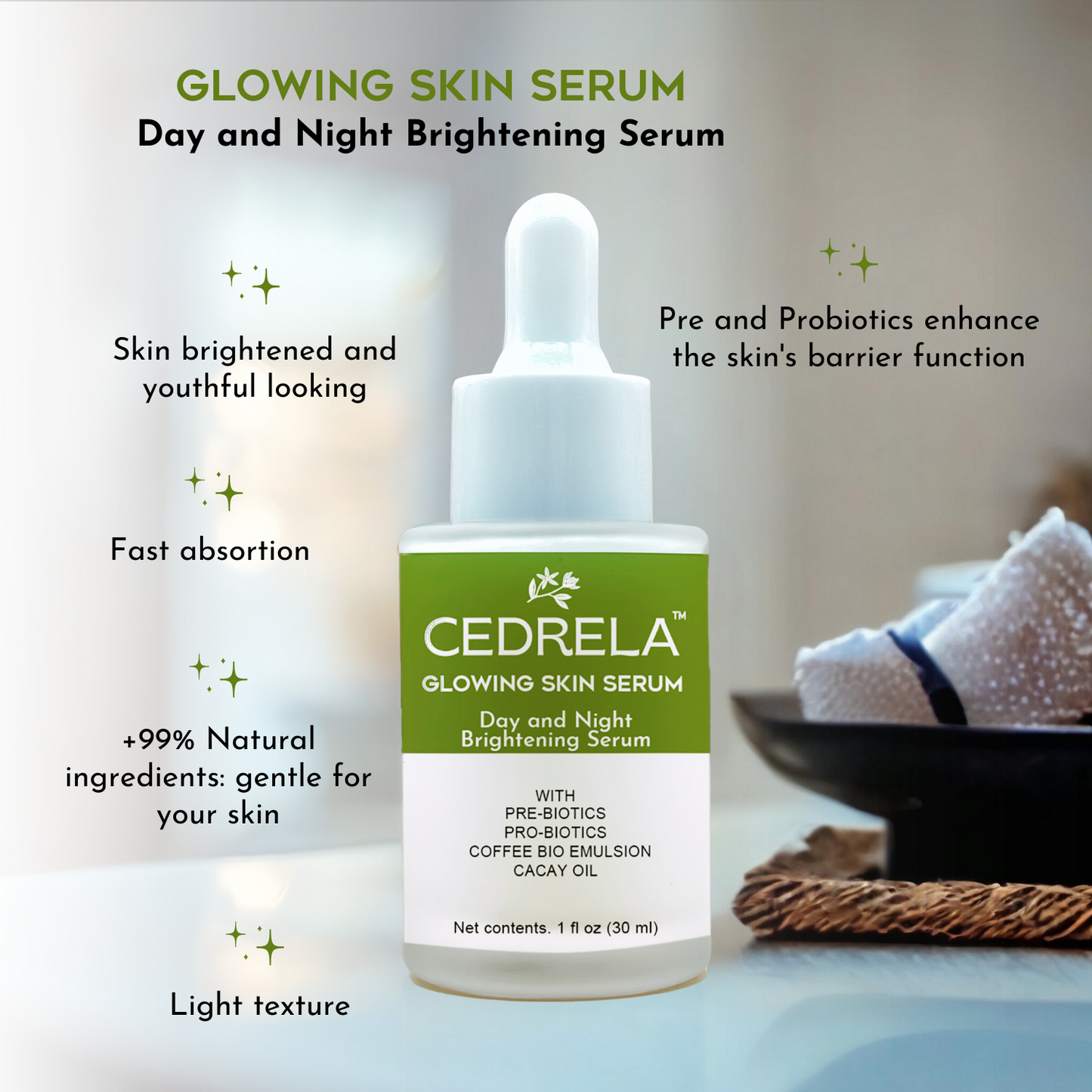 Cedrela Suero Piel Radiante Día Noche Iluminador Postbióticos Bioemulsión de Café Aceite de Cacay Ácido Ferúlico Natural Anti-envejecimiento Vegano 1 fl oz Suero piel radiante