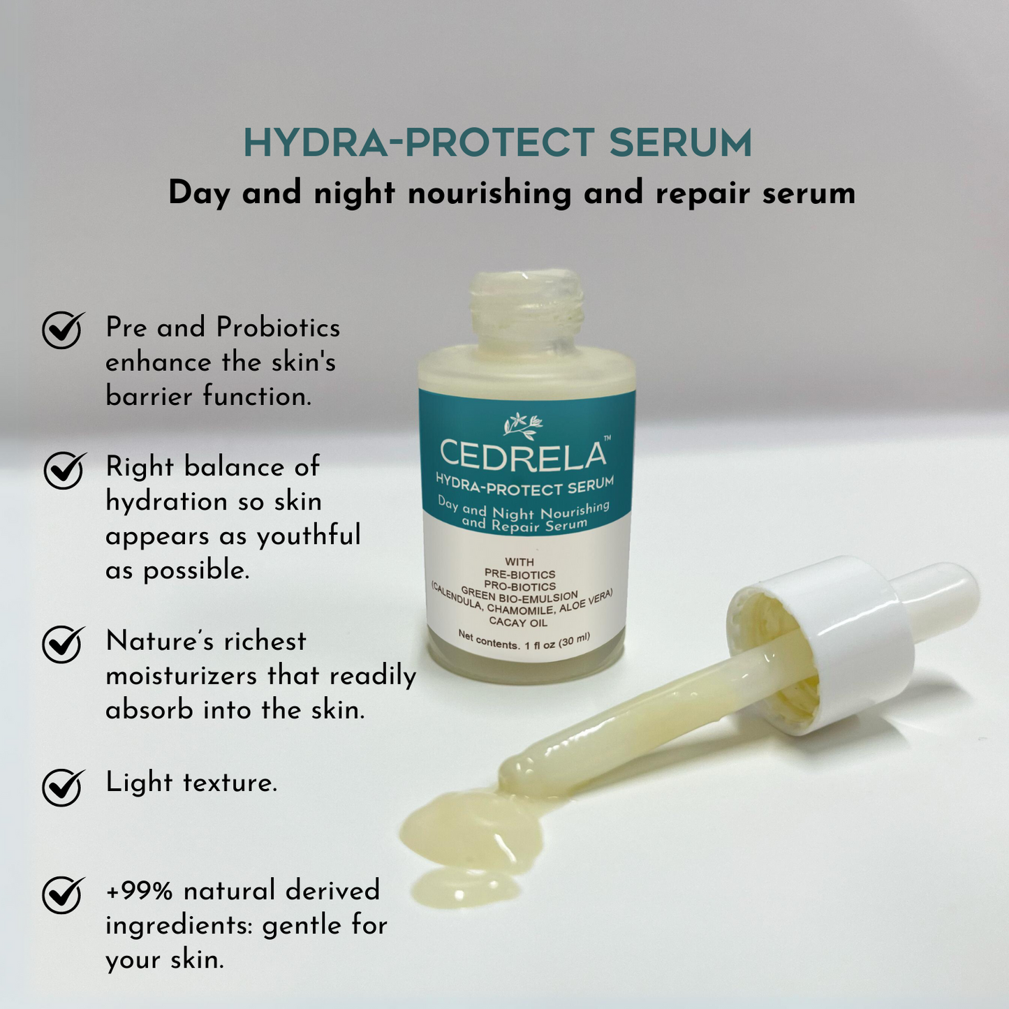 Cedrela Hydra-protect serum Day Night Nourishing Repair Postbiotics Bioemulsion Caléndula Manzanilla Aloe Vera Aceite de Cacay Vegano Totalmente natural 1 fl oz Suero hidratante probioticos