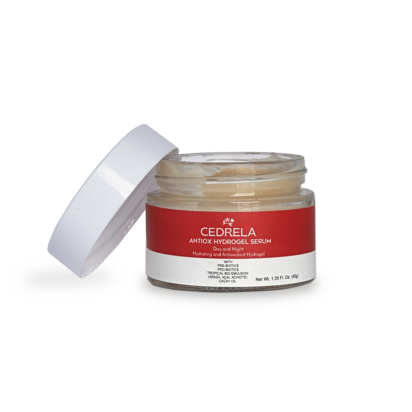 Cedrela Antiox Hydrogel Suero facial hidratante natural antienvejecimiento vegano en gel con postbióticos, açai, araza y achiote para rostro y cuello, 1.35 fl oz (120 ml) Suero hidratante probióticos