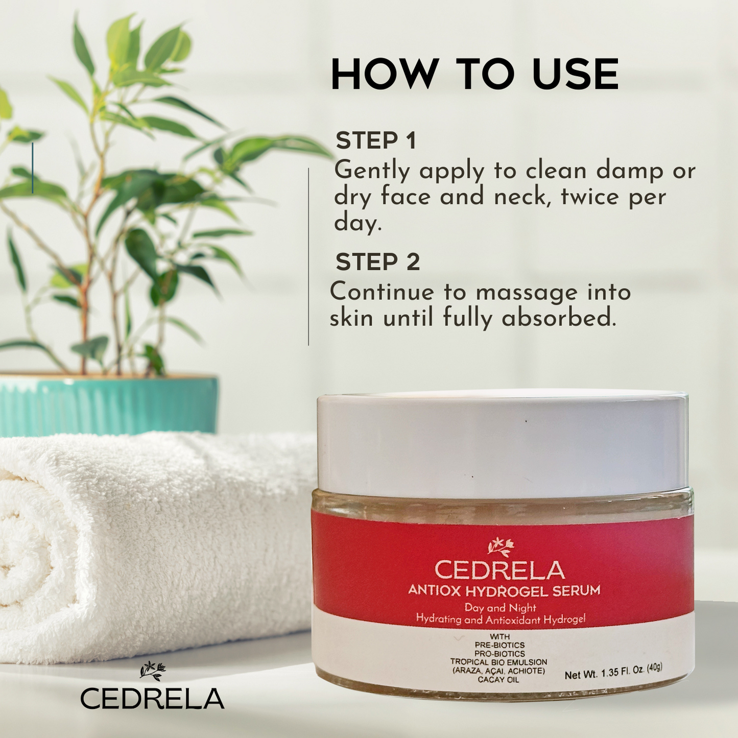 Cedrela Antiox Hydrogel Suero facial hidratante natural antienvejecimiento vegano en gel con postbióticos, açai, araza y achiote para rostro y cuello, 1.35 fl oz (120 ml) Suero hidratante probióticos