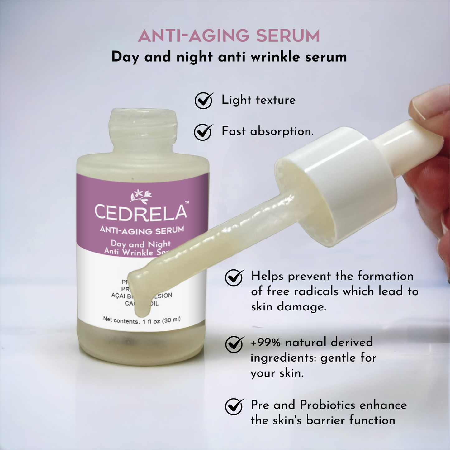 Cedrela Suero Anti-envejecimiento Día Noche Anti-arrugas Postbióticos Acai Bio Emulsión Aceite de Cacay Rellena la Piel Antioxidante Vegano Sin Parabenos 1 oz Suero antiedad Probióticos