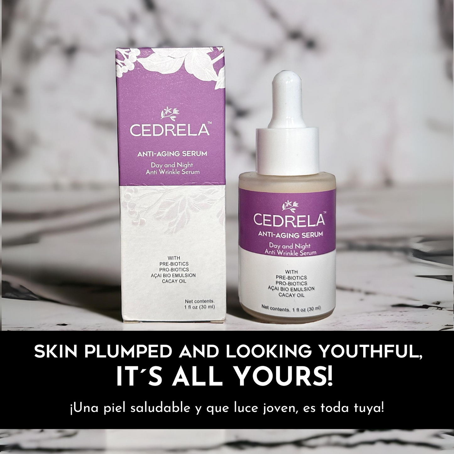 Cedrela Anti-aging Serum Day Night Anti-wrinkle prebiotics probiotics acai bio emulsion cacay oil plumps skin antioxidant vegan paraben-free 1 oz Suero antiedad probioticos