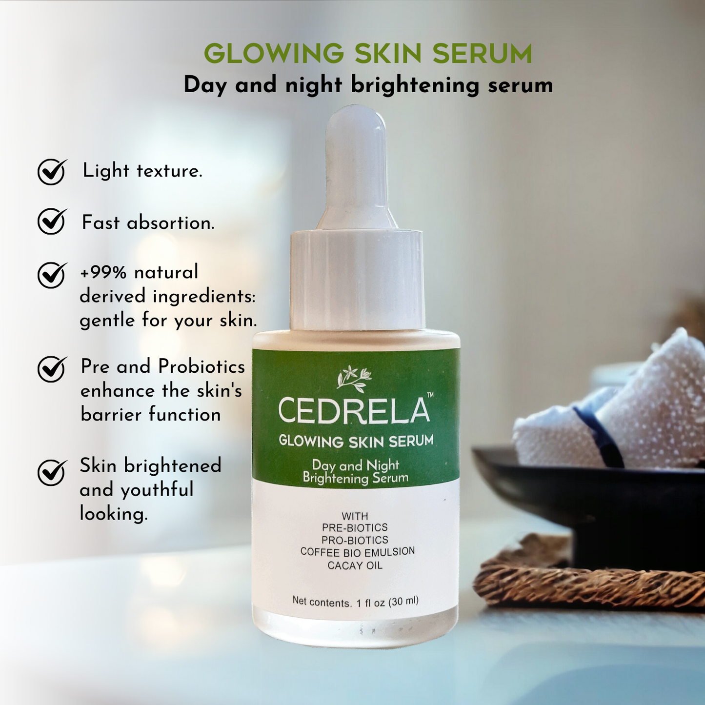 Cedrela Glowing Skin Serum Day Night Brightening Prebiotics Probiotics Coffee bioemulsion Cacay Oil Natural Ferulic Acid Anti-aging Vegan 1 fl oz Suero piel radiante