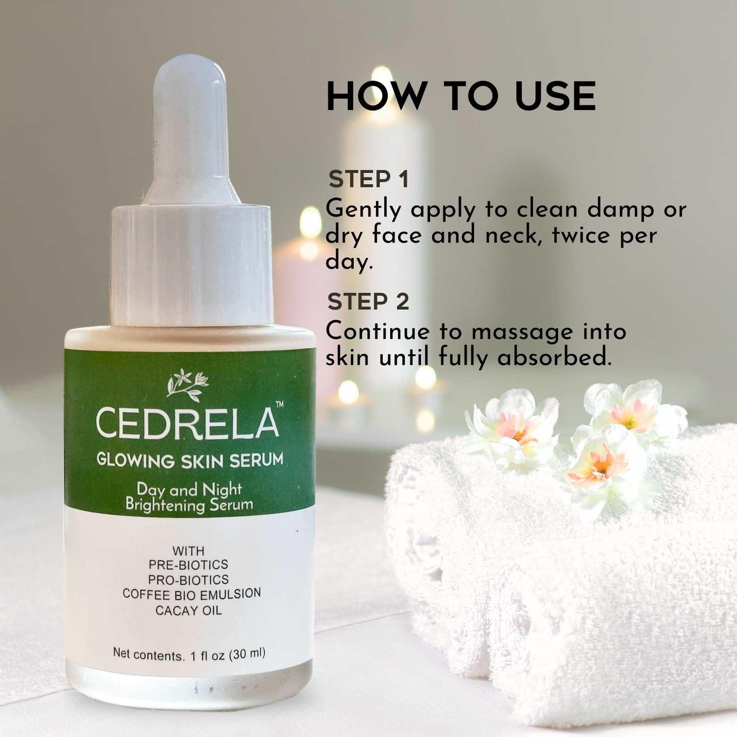 Cedrela Glowing Skin Serum Day Night Brightening Prebiotics Probiotics Coffee bioemulsion Cacay Oil Natural Ferulic Acid Anti-aging Vegan 1 fl oz Suero piel radiante