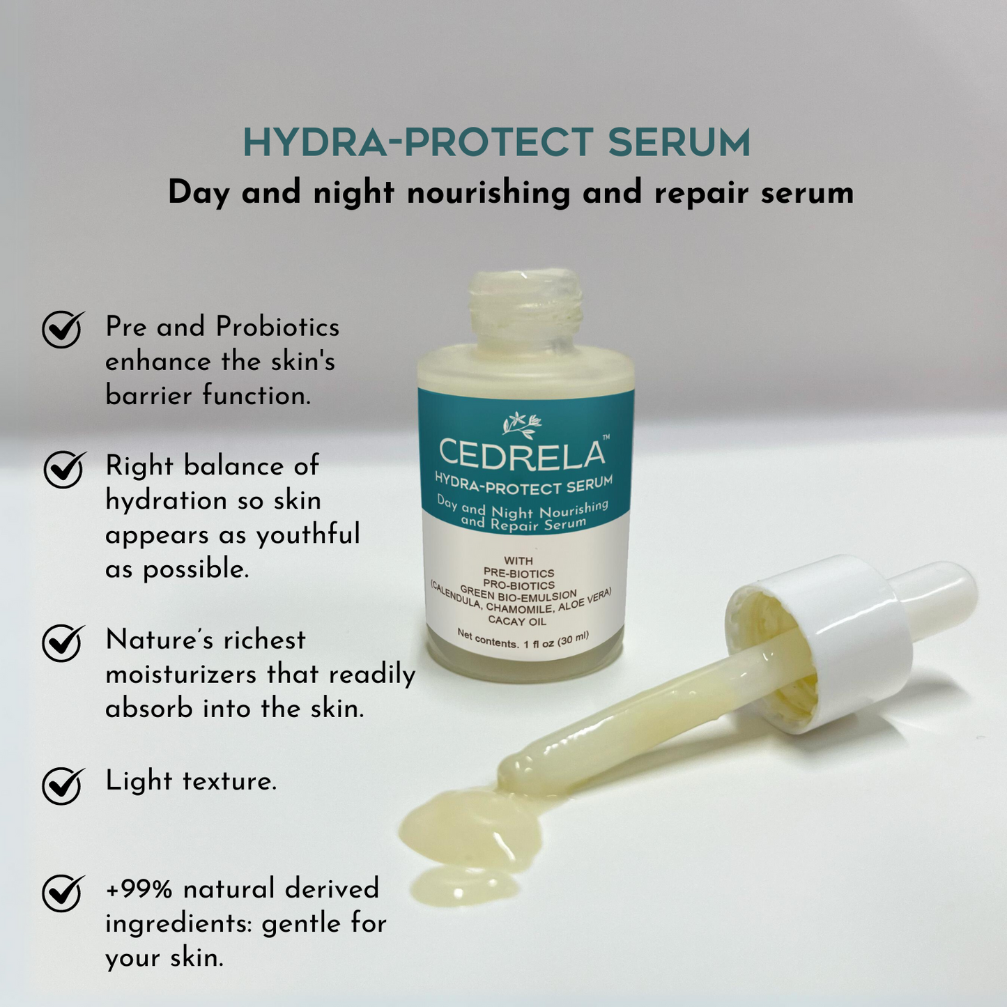 Cedrela Hydra-protect serum Day Night Nourishing Repair Prebiotics Probiotics Bioemulsion Calendula Chamomile Aloe Vera Cacay Oil Vegan All-natural 1 fl oz Suero hidratante probioticos