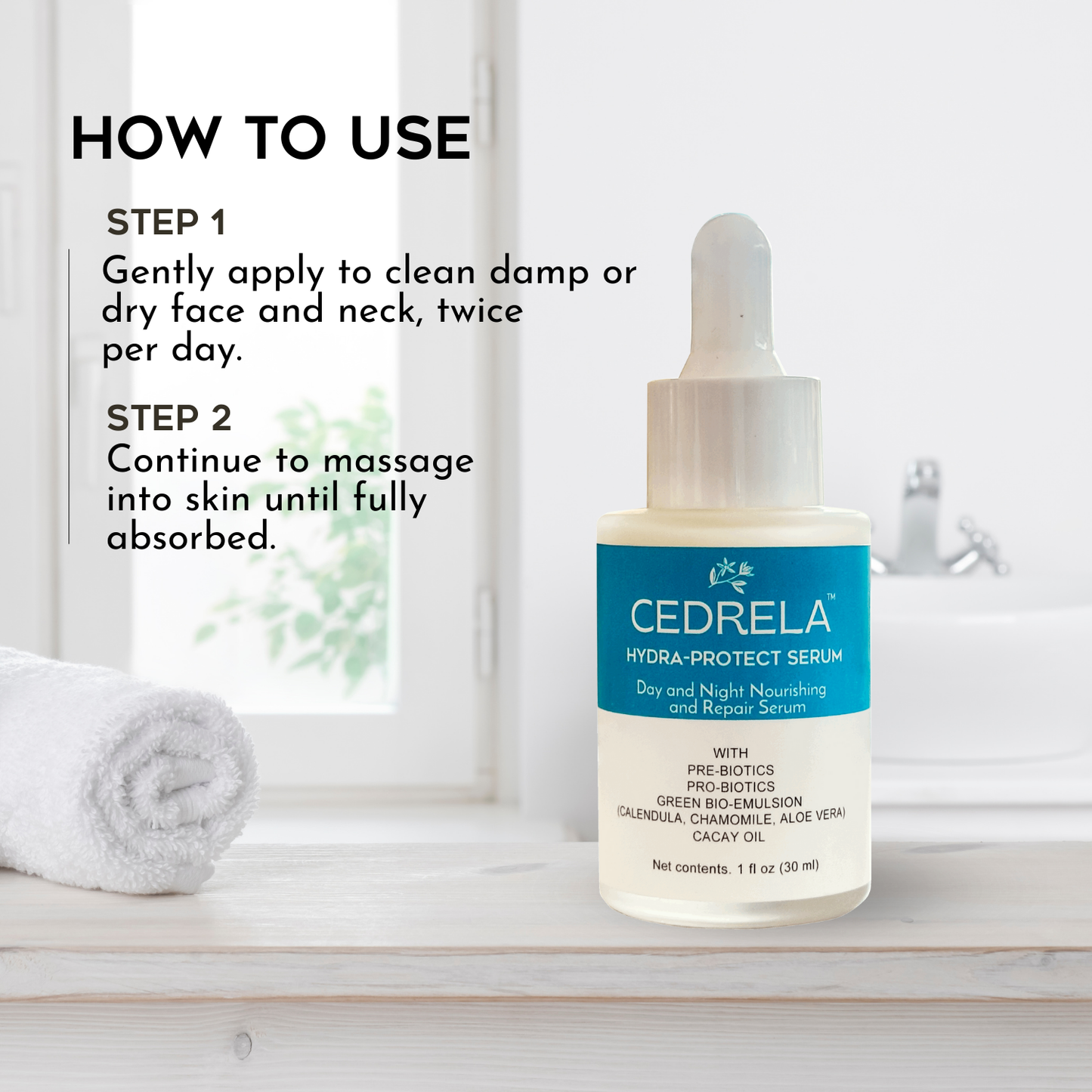 Cedrela Hydra-protect serum Day Night Nourishing Repair Prebiotics Probiotics Bioemulsion Calendula Chamomile Aloe Vera Cacay Oil Vegan All-natural 1 fl oz Suero hidratante probioticos