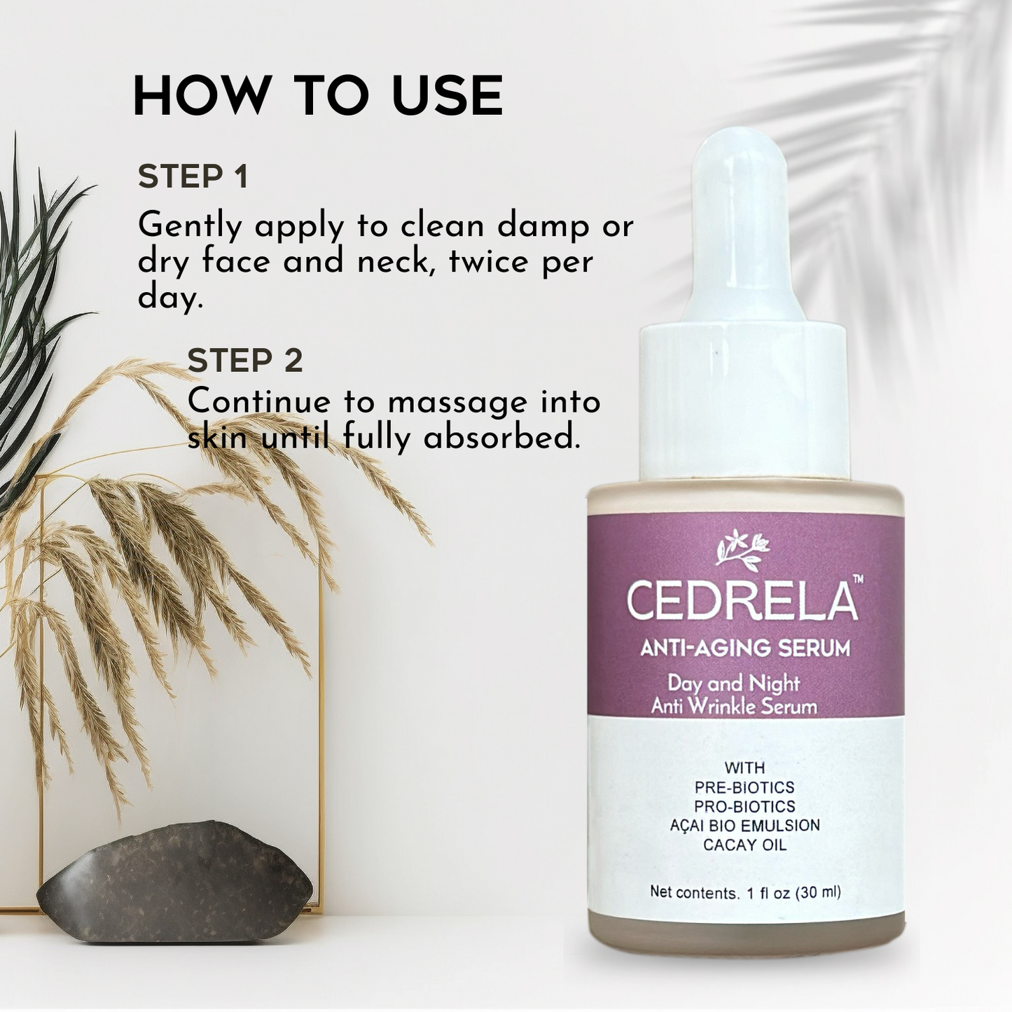 Cedrela Anti-aging Serum Day Night Anti-wrinkle prebiotics probiotics acai bio emulsion cacay oil plumps skin antioxidant vegan paraben-free 1 oz Suero antiedad probioticos