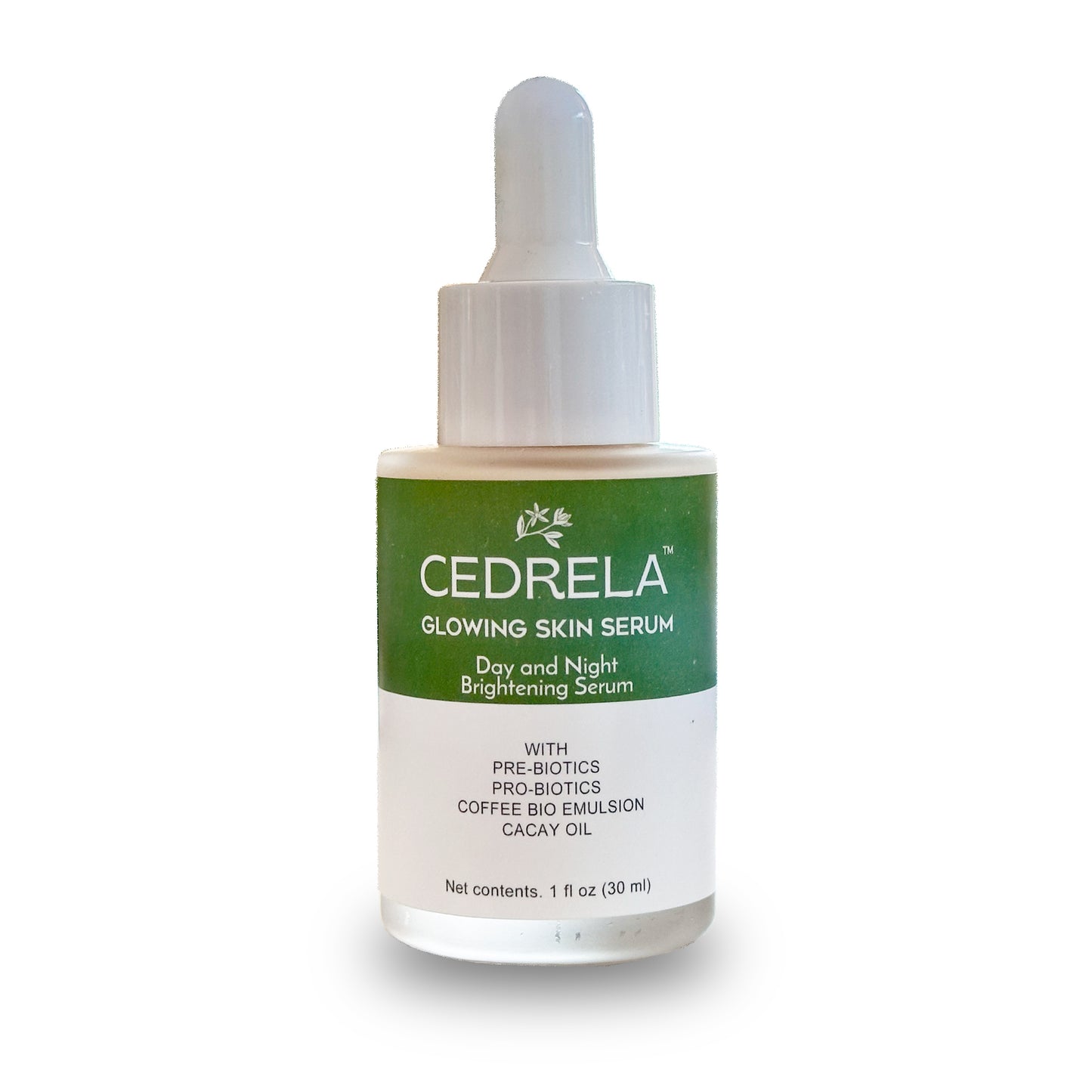 Cedrela Glowing Skin Serum Day Night Brightening Prebiotics Probiotics Coffee bioemulsion Cacay Oil Natural Ferulic Acid Anti-aging Vegan 1 fl oz Suero piel radiante