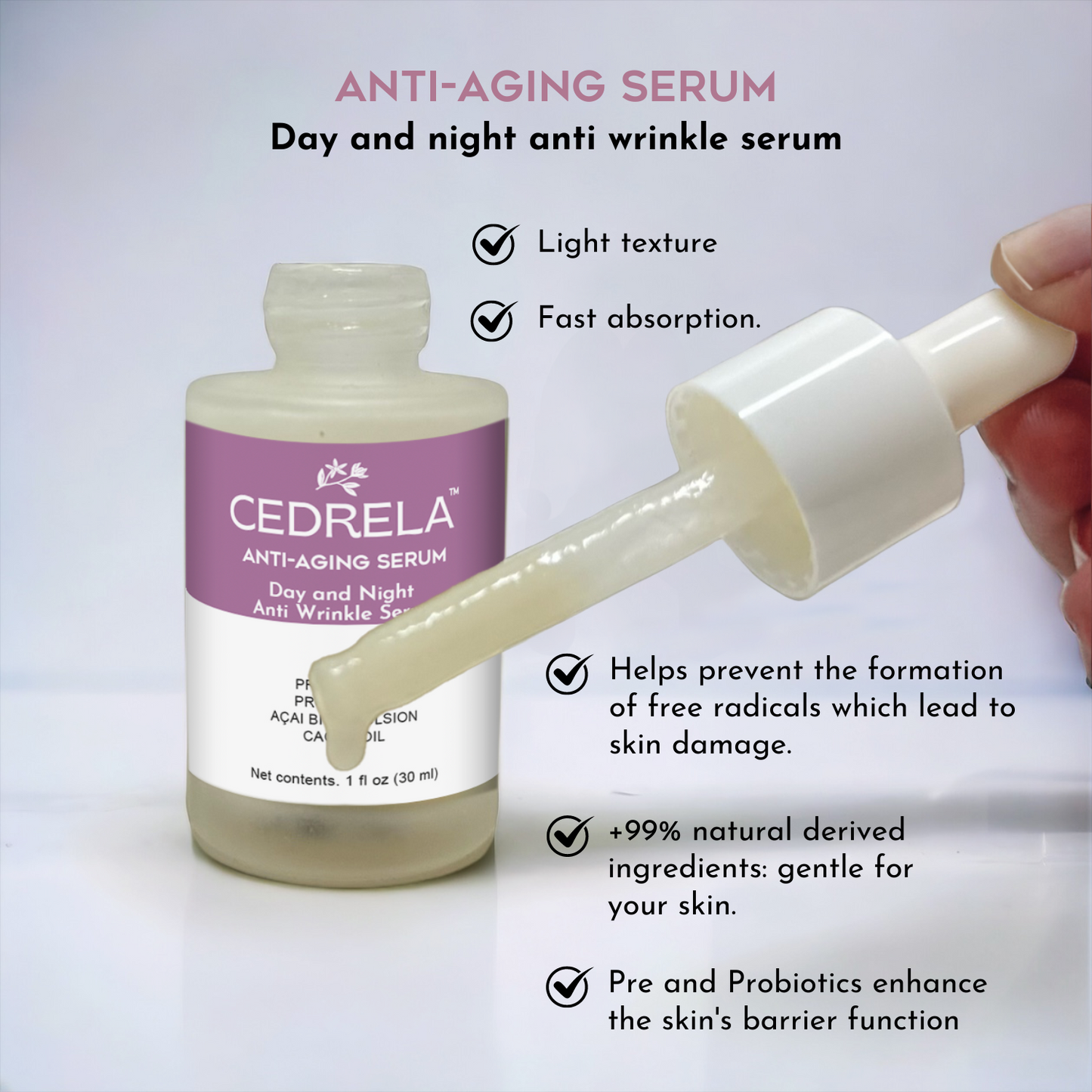 Cedrela Anti-aging Serum Day Night Anti-wrinkle prebiotics probiotics acai bio emulsion cacay oil plumps skin antioxidant vegan paraben-free 1 oz Suero antiedad probioticos