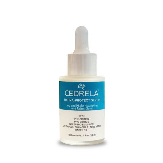 Cedrela Hydra-protect serum Day Night Nourishing Repair Prebiotics Probiotics Bioemulsion Calendula Chamomile Aloe Vera Cacay Oil Vegan All-natural 1 fl oz Suero hidratante probioticos