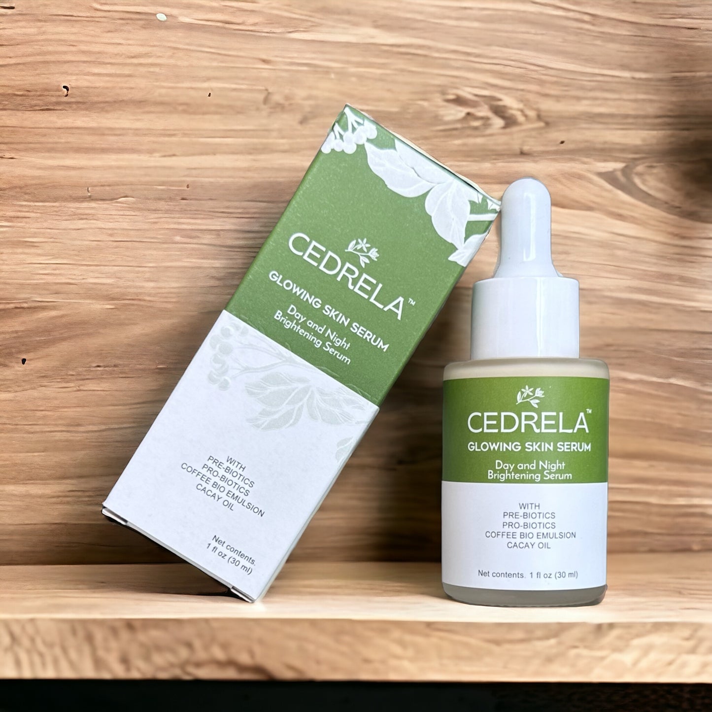 Cedrela Glowing Skin Serum Day Night Brightening Prebiotics Probiotics Coffee bioemulsion Cacay Oil Natural Ferulic Acid Anti-aging Vegan 1 fl oz Suero piel radiante